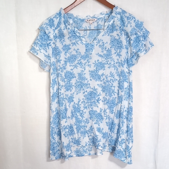Nanette Lepore White Blue Tiered Cap Sleeve Blouse Size Extra Large - Picture 1 of 5